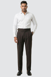 Men's brown pleated trousers with belt loops and straight tapered fit.