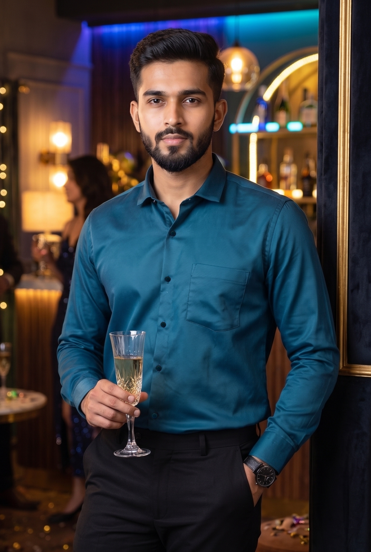 Men's Rama cotton satin lycra shirt, teal blue, button-front with chest pocket, glass