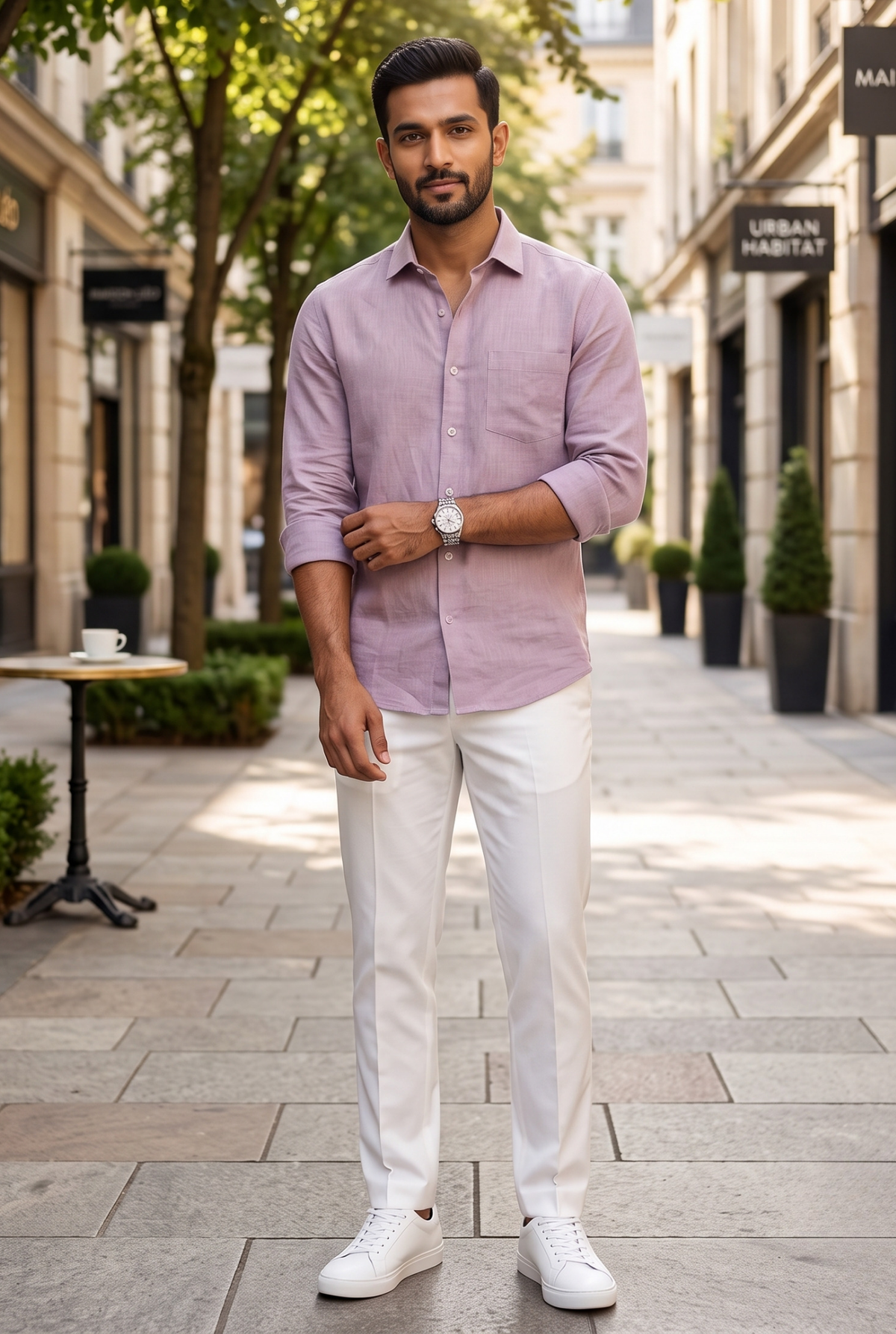 Light purple linen button-up shirt on model with white pants, front view