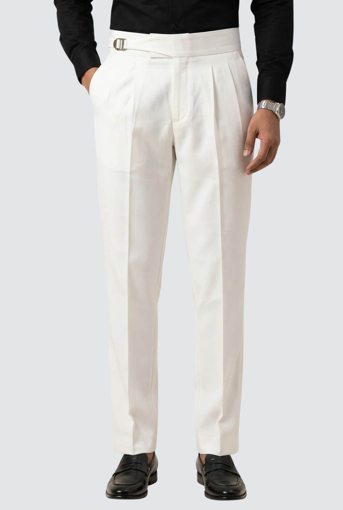Men's white casual trousers with belt buckle and slightly tapered legs