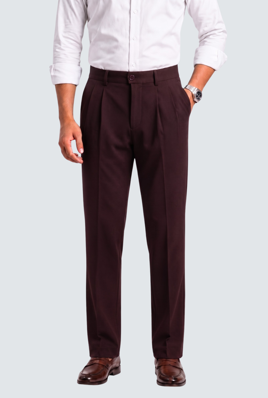 Men's dark purple straight-fit Gurkha trousers with pleated front and button waist