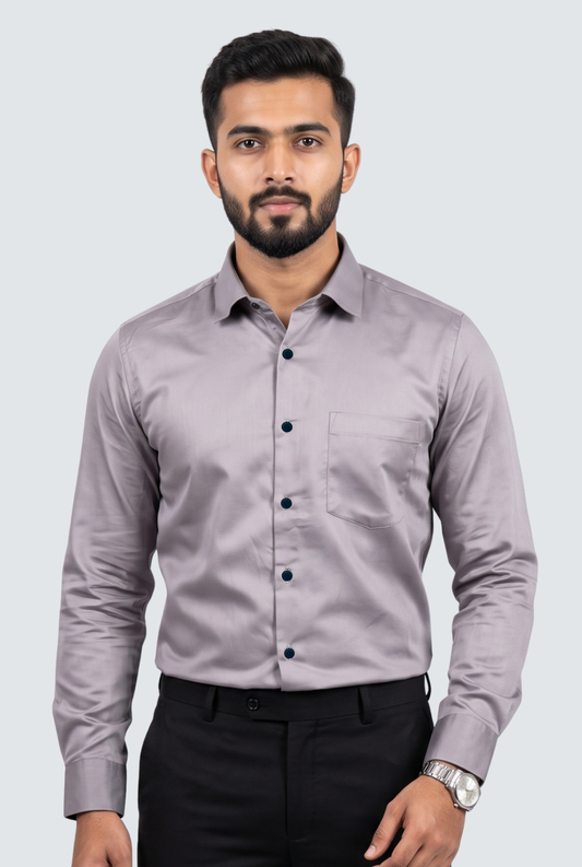 Men's light grey satin cotton lycra button-up shirt with chest pocket and dark buttons