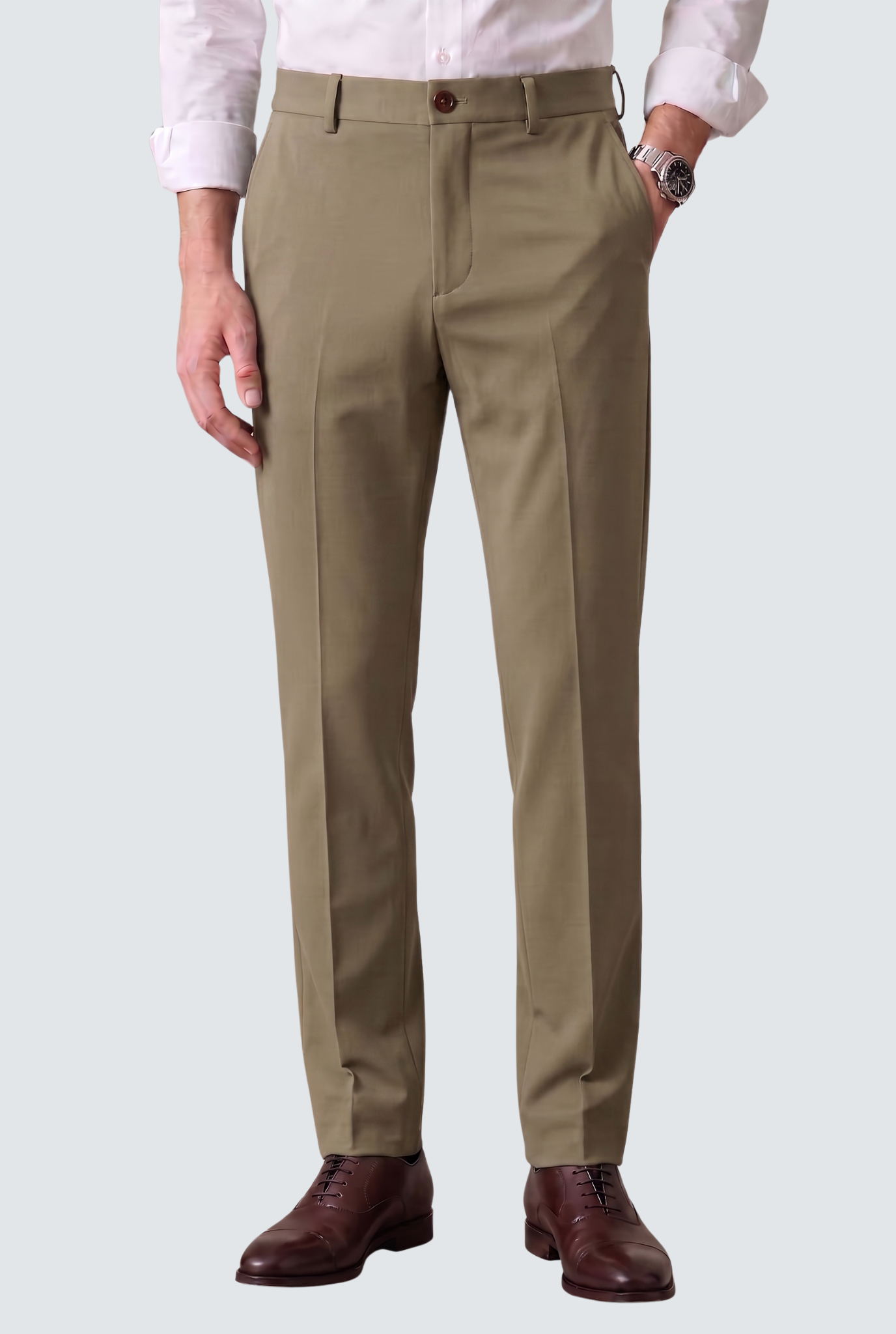 Men's slim-fit olive khaki trouser with belt loops, button closure, side pockets