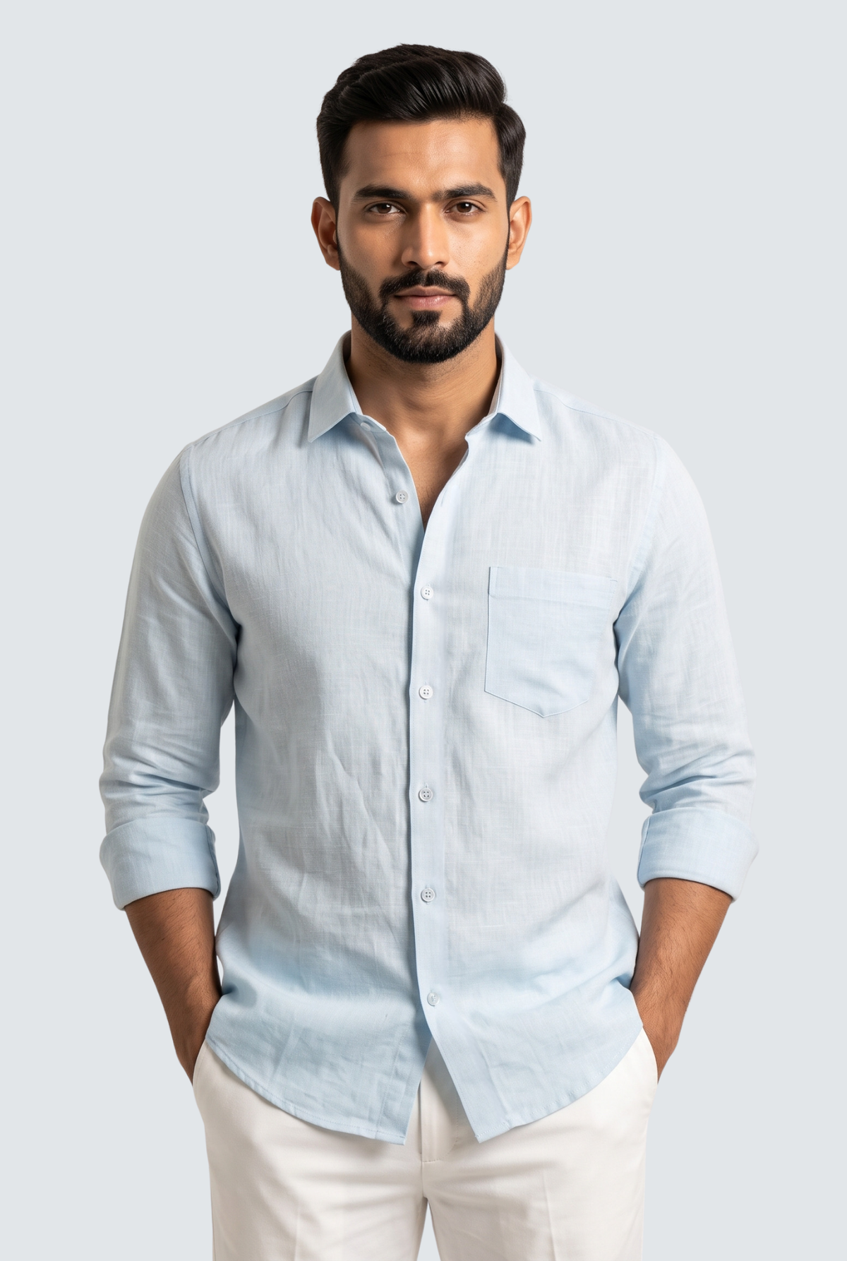 Sky blue linen button-up shirt with chest pocket and roll-cuff sleeves