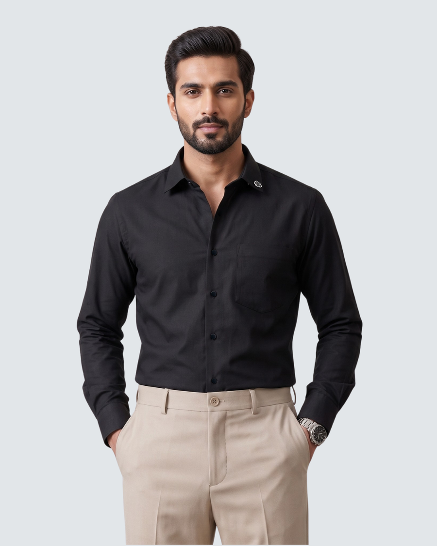 Black cotton long-sleeve button shirt with collar and chest pocket