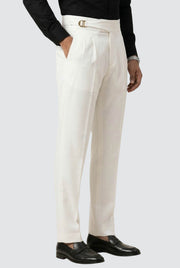 Men's white casual trousers with center crease and belt detail
