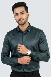 Men's dark green glossy satin dress shirt, button-front and long sleeves
