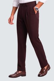 Men's dark purple straight-fit Gurkha trousers, side view with pleats and tapered leg