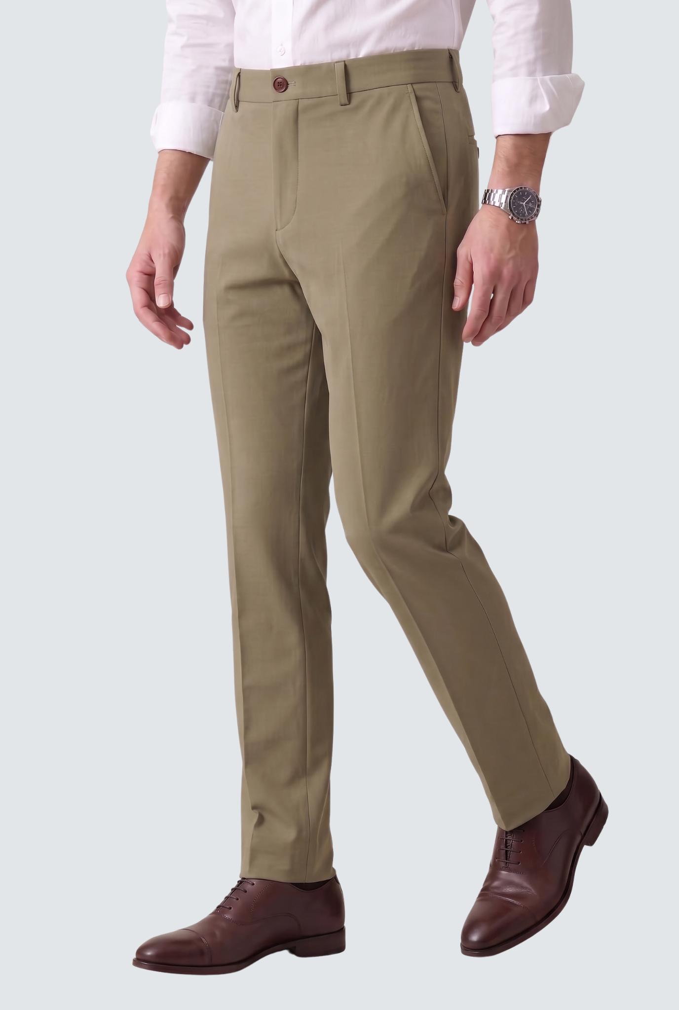 Men's slim-fit olive trousers with tapered legs, belt loops, front crease, side pockets