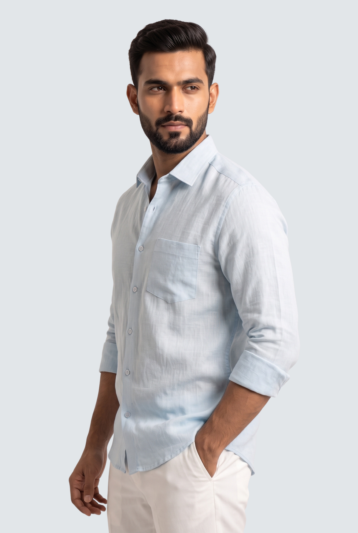 Sky blue linen button-up shirt, side view, chest pocket and button front