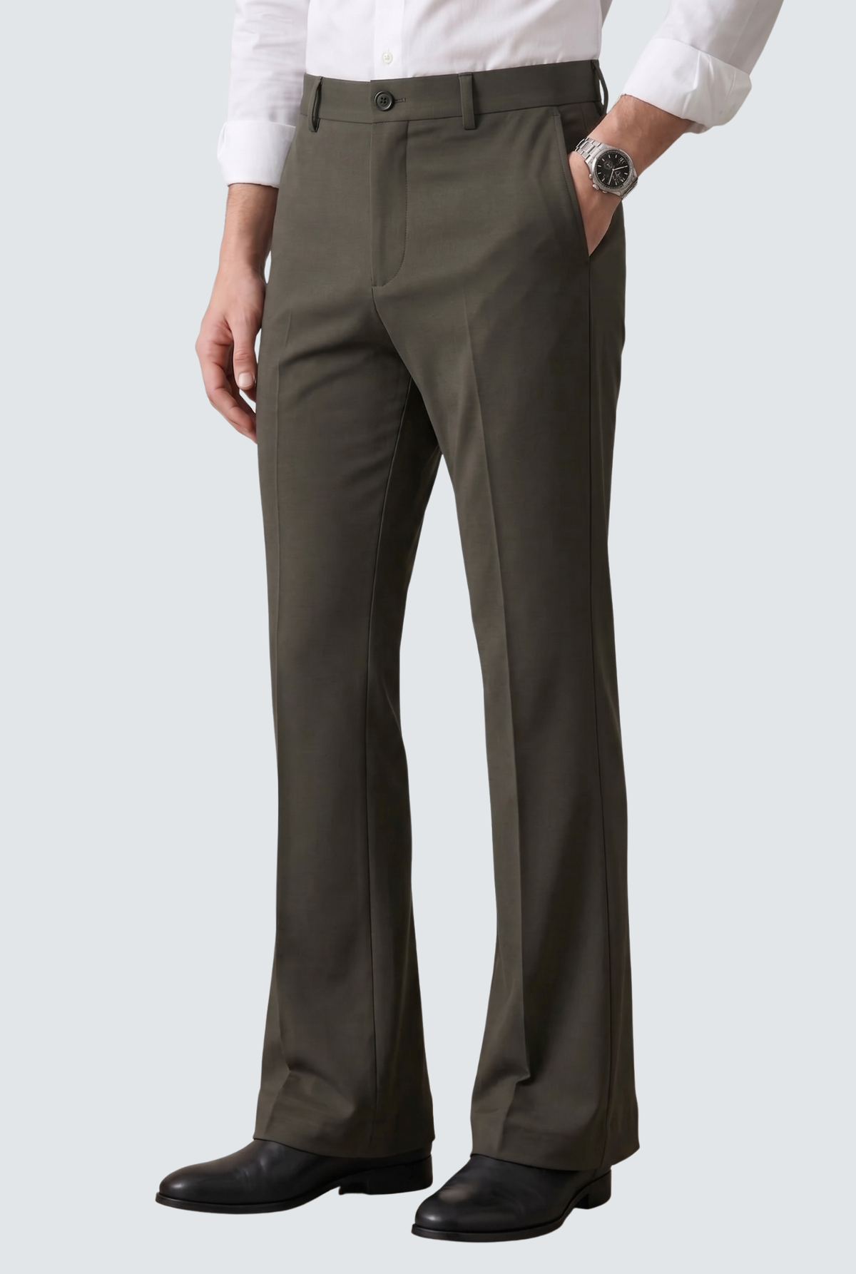 Men's dark gray bootcut trousers with belt loops and button fly