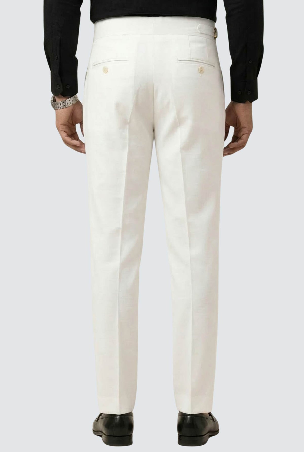 Men's white straight-leg trousers, front view with crease lines