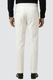 Men's white straight-leg trousers, front view with crease lines