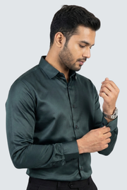 Men's dark green glossy satin dress shirt, front view with button cuffs