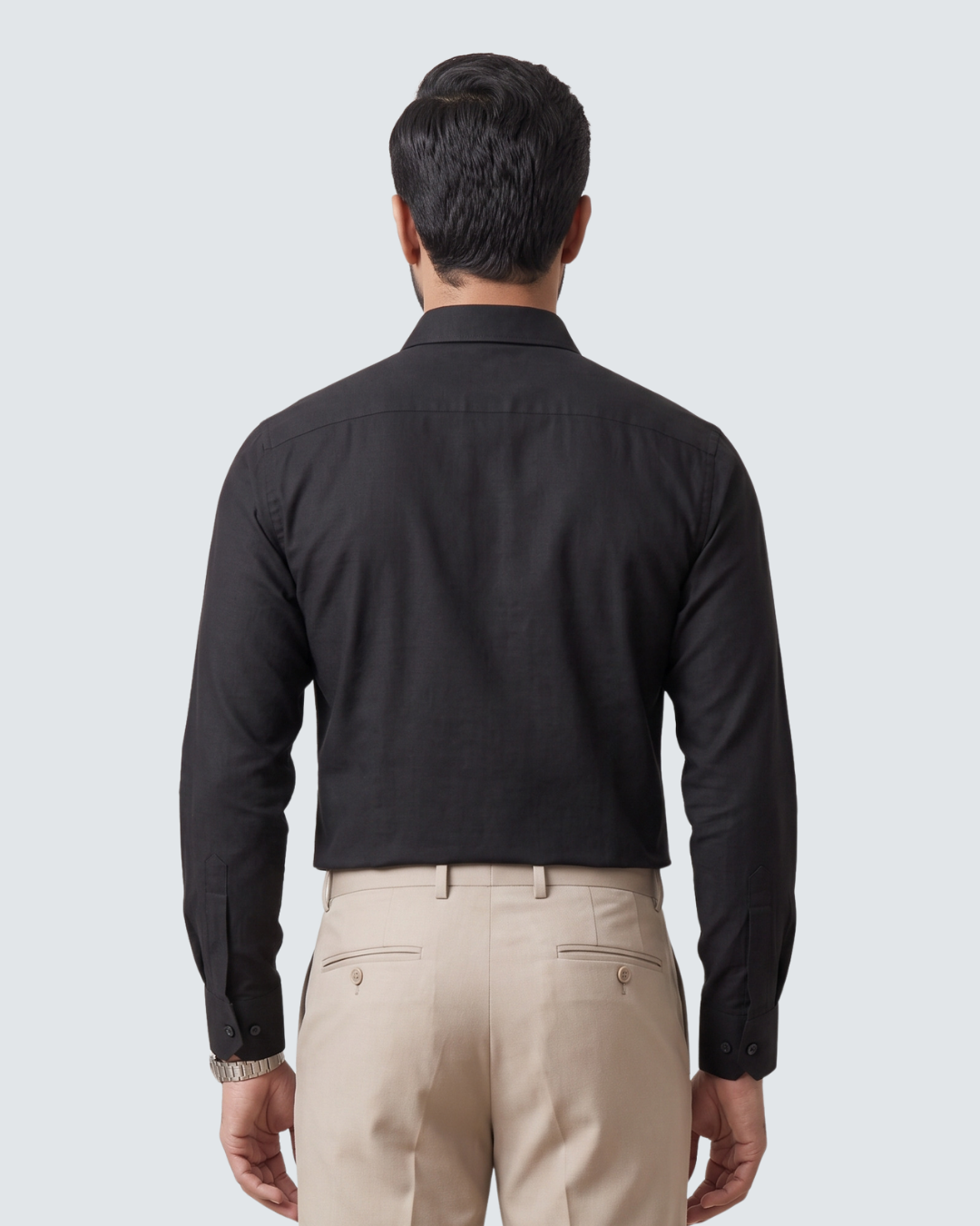 Black cotton shirt back view, long sleeves and button placket