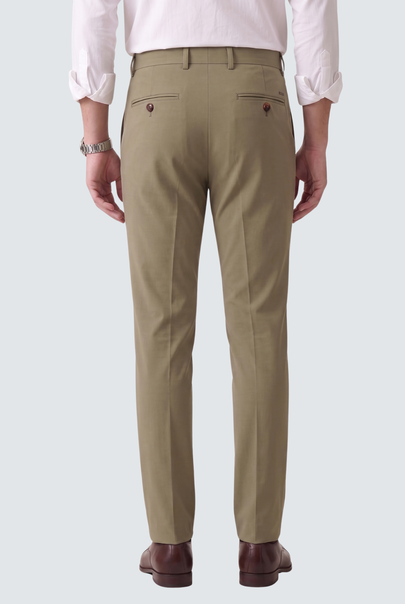 Men's slim-fit olive khaki trousers, rear view with button waistband and back pockets