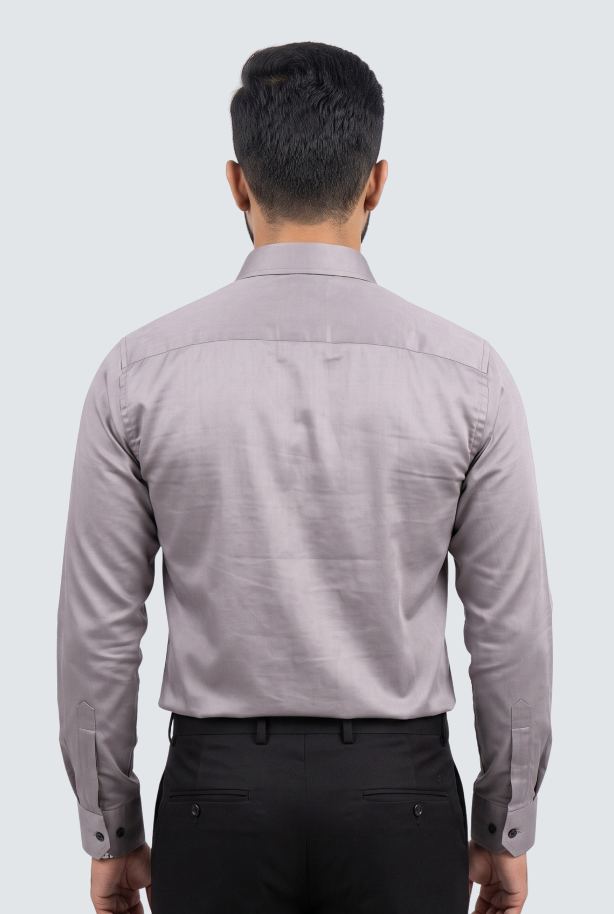 Light grey button-up dress shirt back view with collar and buttoned yoke detail