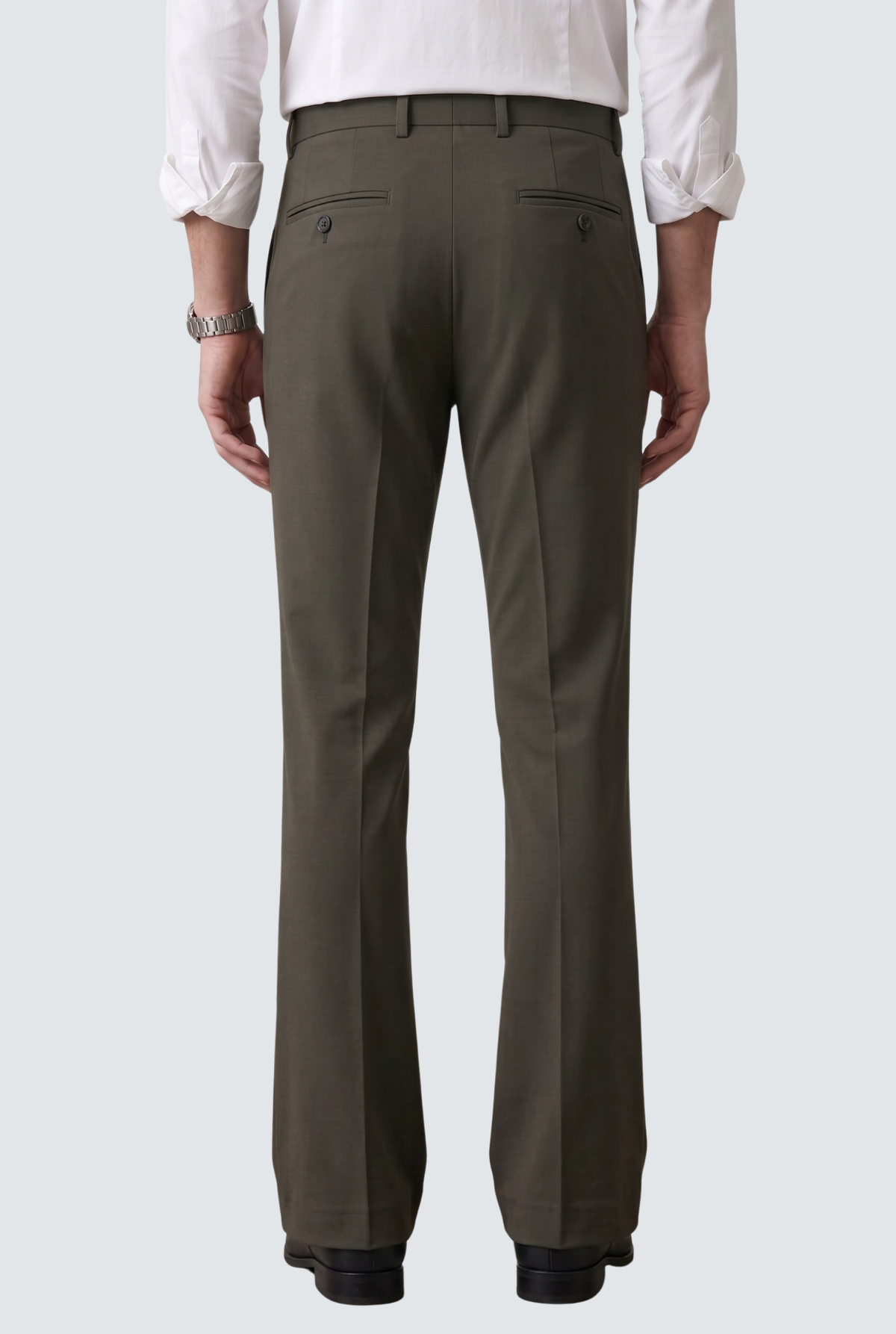 Men's dark gray bootcut trousers rear view with back pockets
