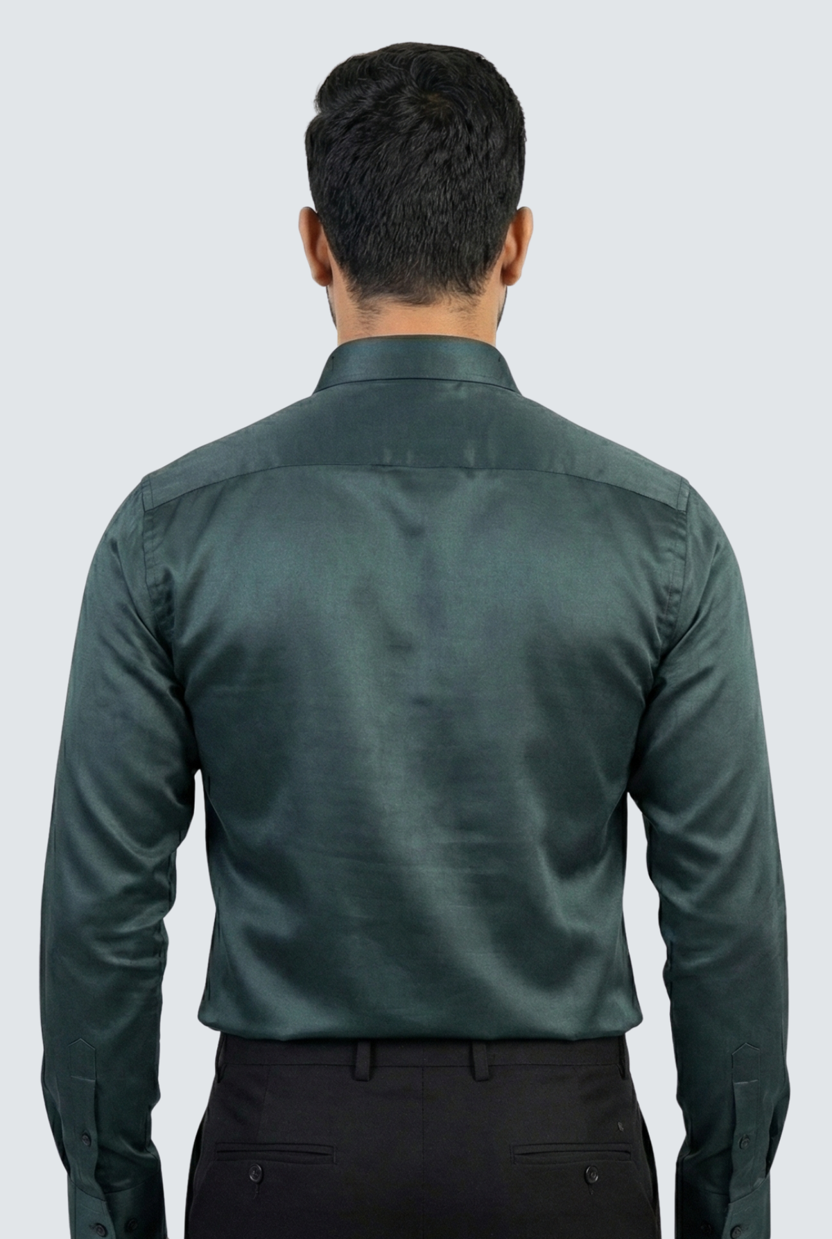 Men's dark green glossy satin dress shirt, back view with buttoned yoke