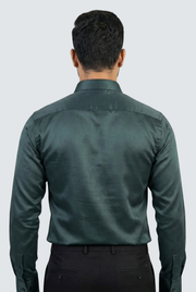 Men's dark green glossy satin dress shirt, back view with buttoned yoke