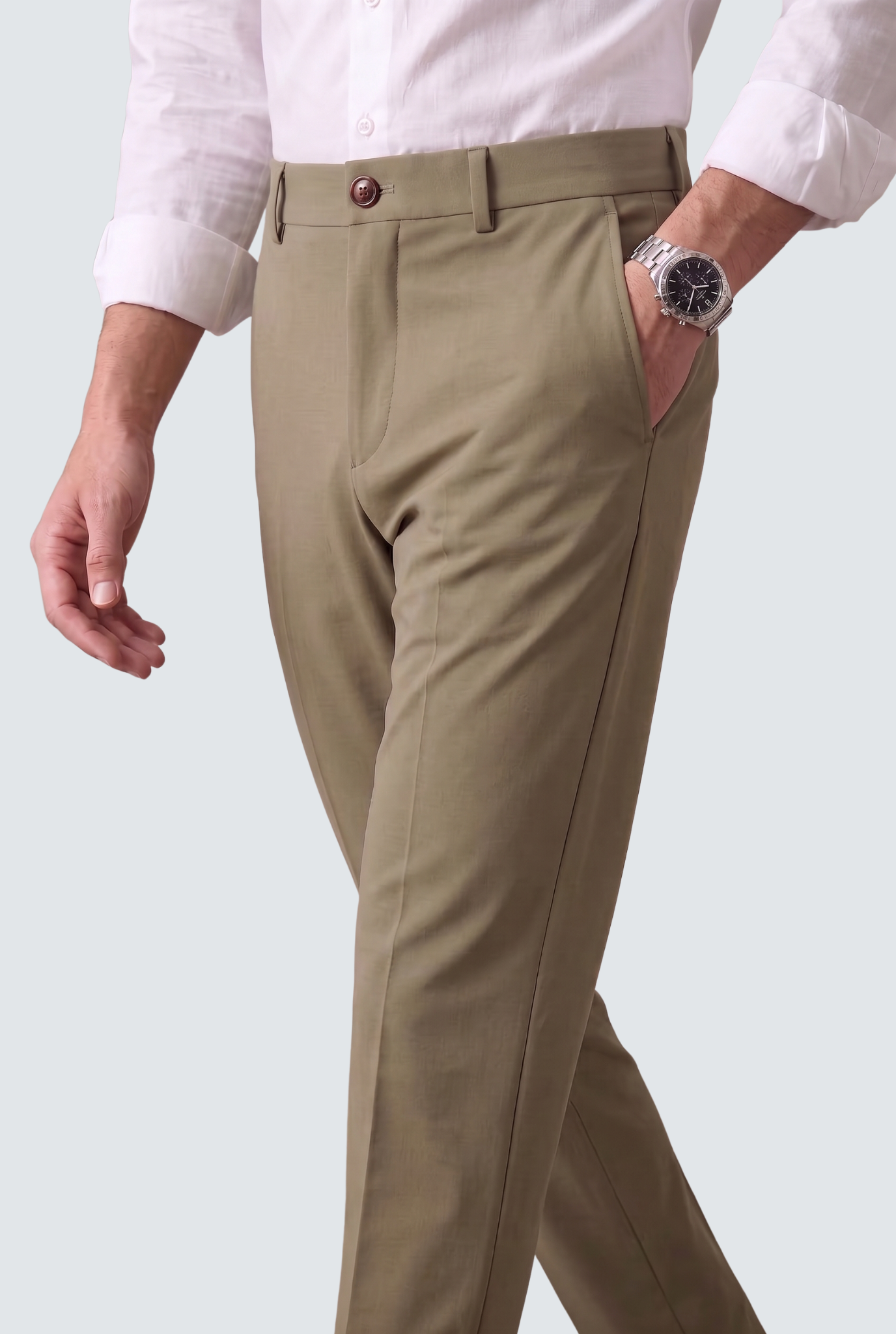 Men's slim-fit olive trouser with belt loops and button waistband, front slant pockets