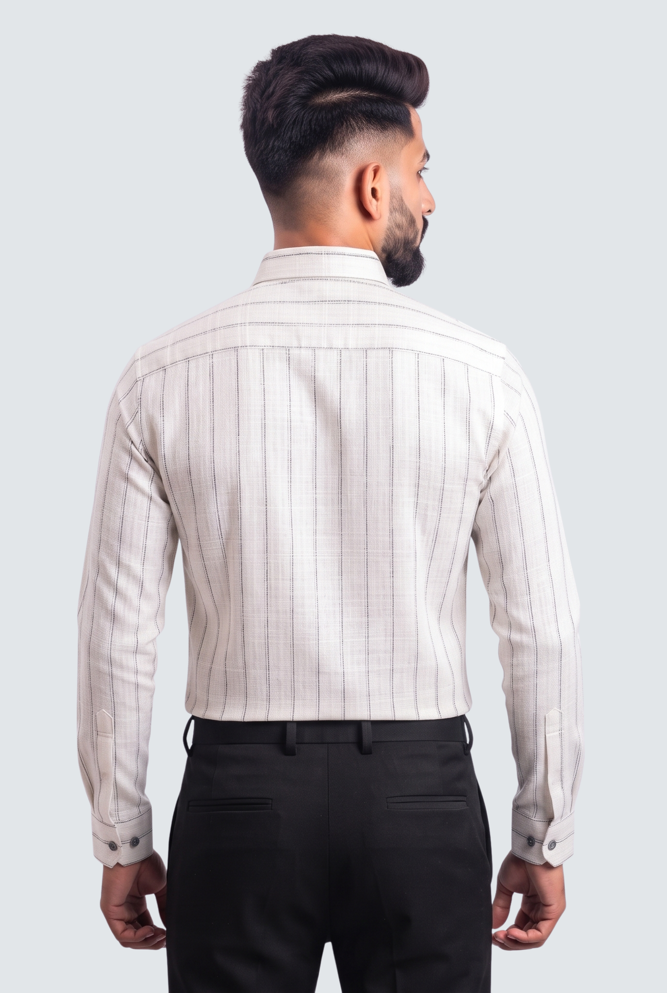 Men's linen stripe shirt, back view with full-length sleeves and yoke detail