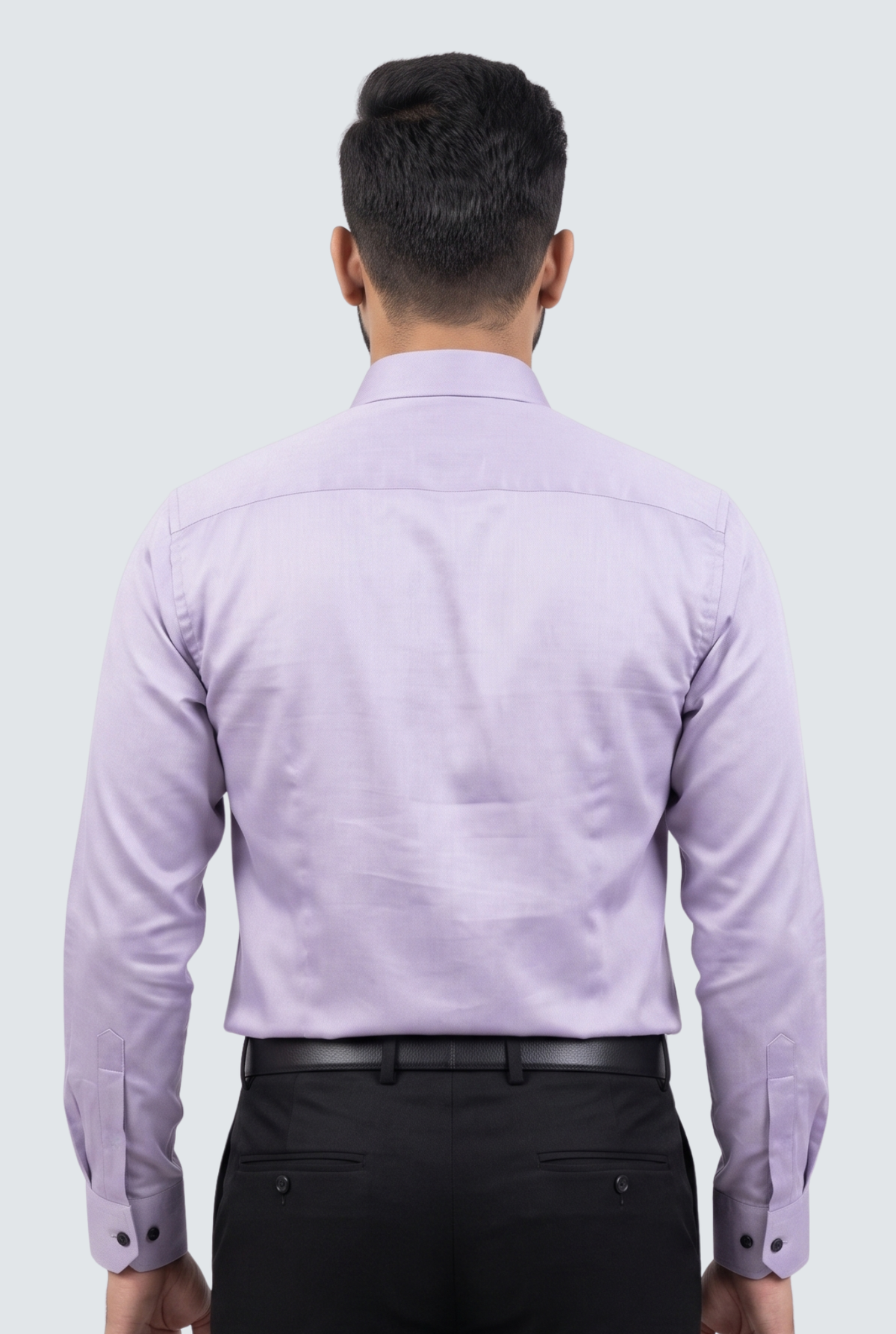 Light purple men’s satin cotton shirt, back view with collar and long sleeves