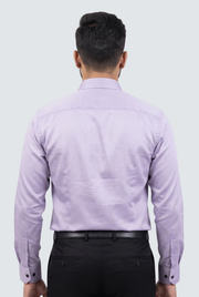 Light purple men’s satin cotton shirt, back view with collar and long sleeves