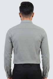 Grey full-sleeve shirt back view with textured pattern and buttoned cuffs