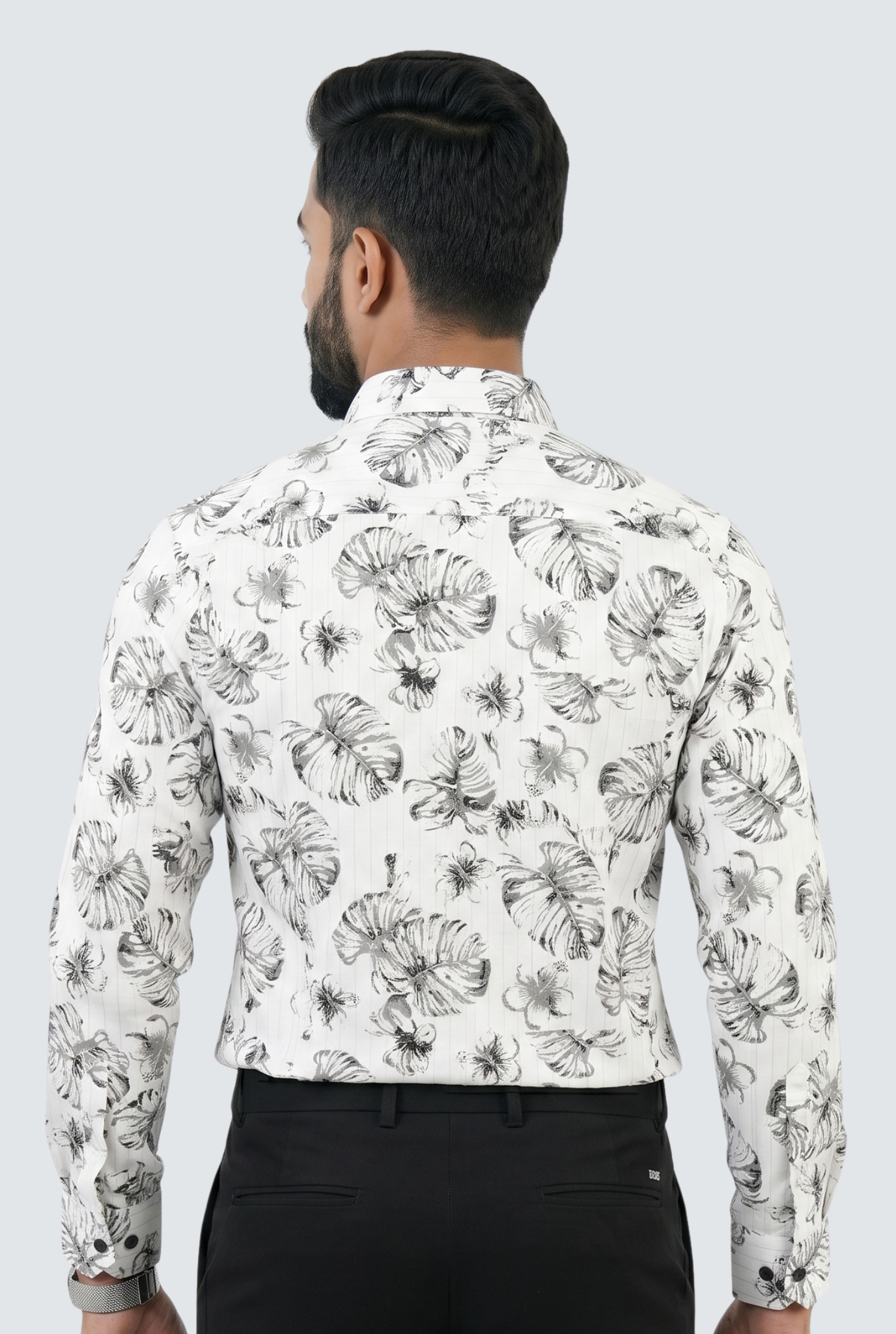 Men’s Leaf Print Dobby Cotton Shirt-White(1883)