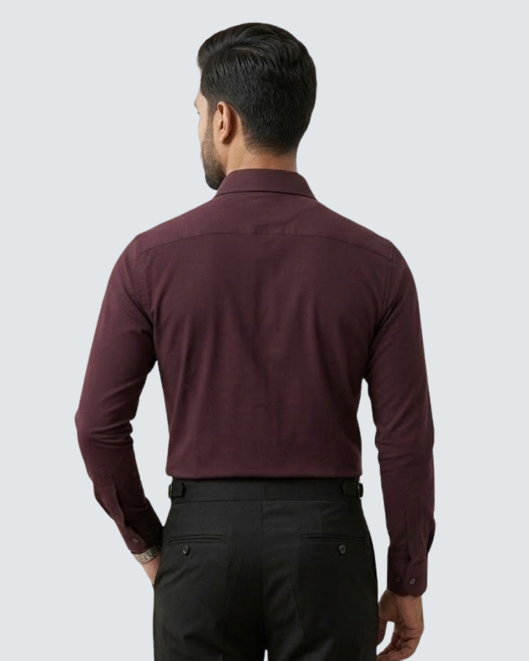 Maroon long-sleeve button-down shirt, back view with folded collar