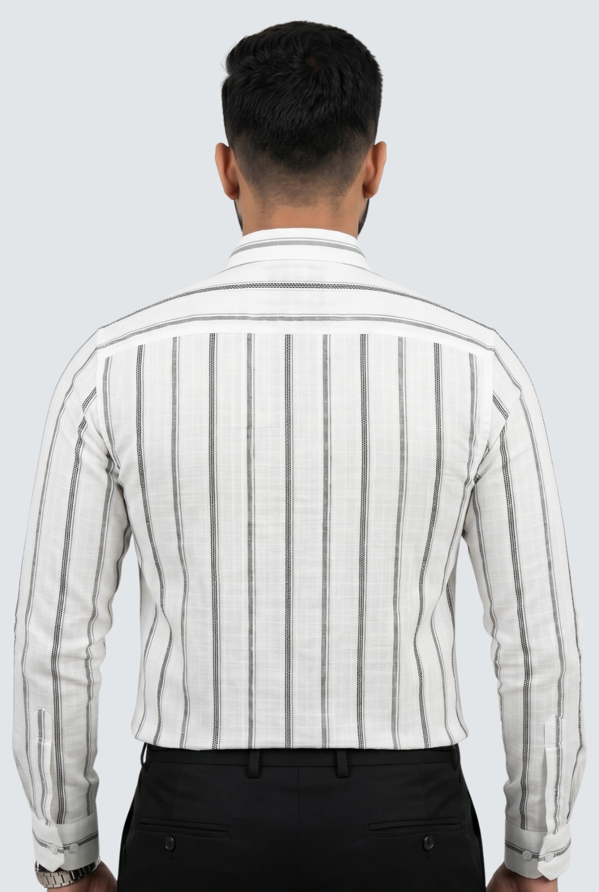 White vertical stripe button-up shirt from back view with full-length sleeves