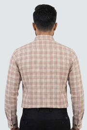 Pink plaid linen casual shirt back view, buttoned center seam and long sleeves