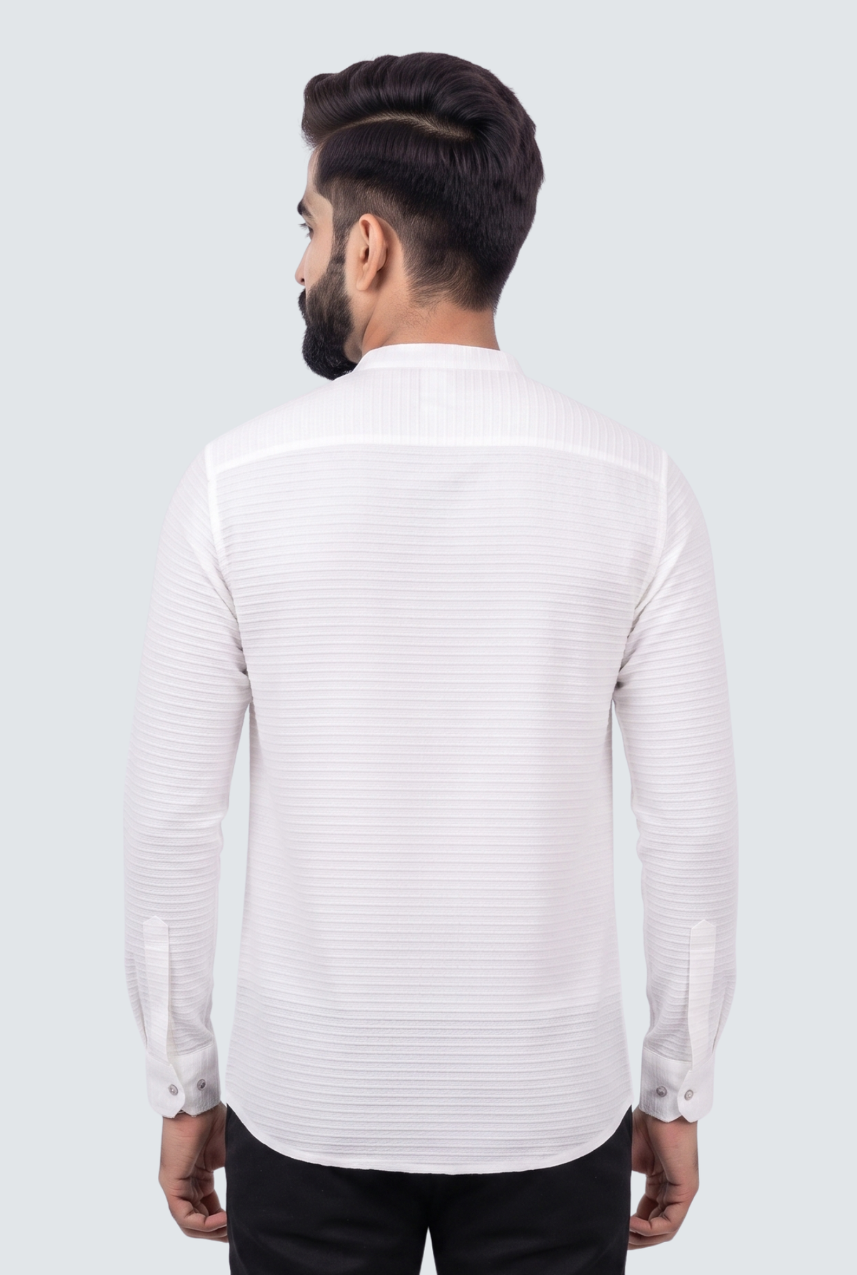 Men's white short kurta, back view, long sleeves with button cuffs