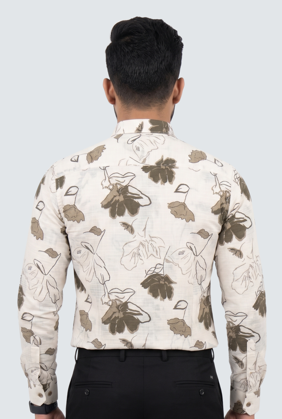 Men's off-white floral cotton shirt back view with brown leaf print and buttoned collar