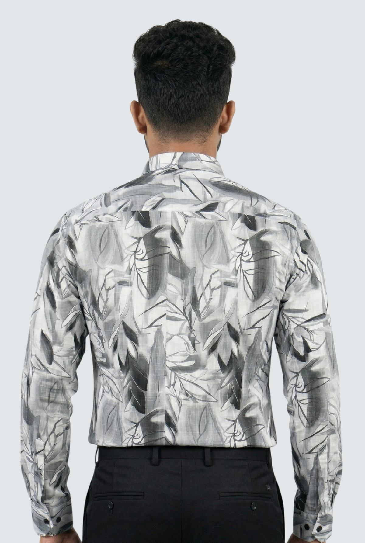 Grey dobby cotton shirt with leaf pattern, back view