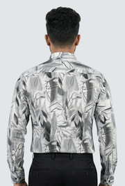 Grey dobby cotton shirt with leaf pattern, back view
