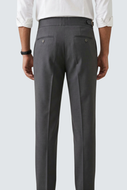 Men's dark grey trousers with side pockets and buttoned back pockets