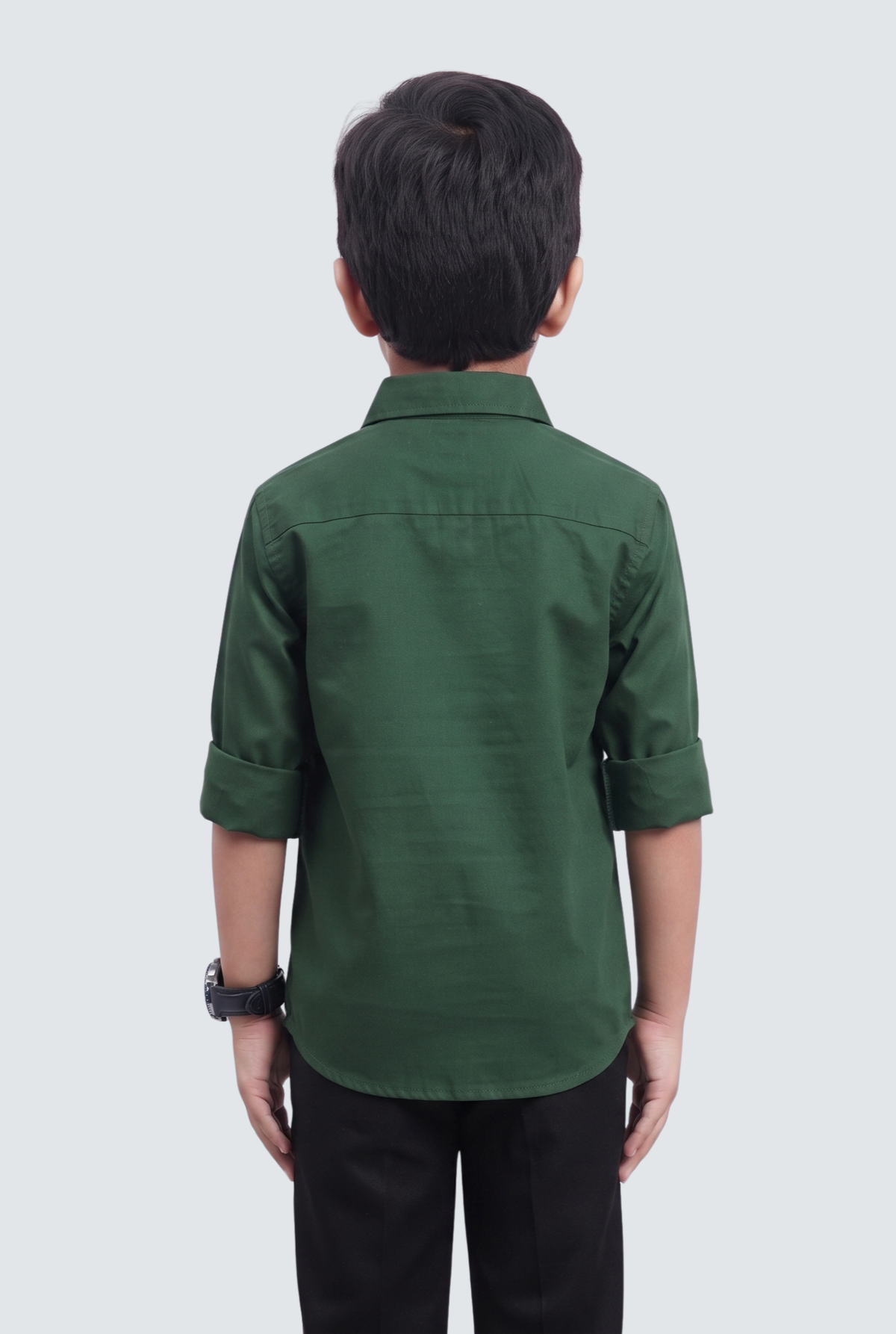 Boys green twill cotton full-sleeve shirt, back view with buttoned collar
