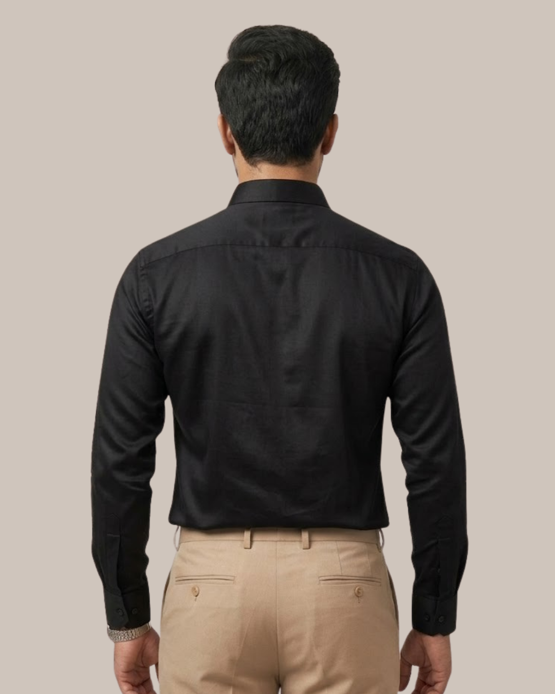 Men's black satin lycra shirt back view with button-down placket and long sleeves
