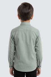 Kids mint green collared button-up shirt, back view with short sleeves and black buttons
