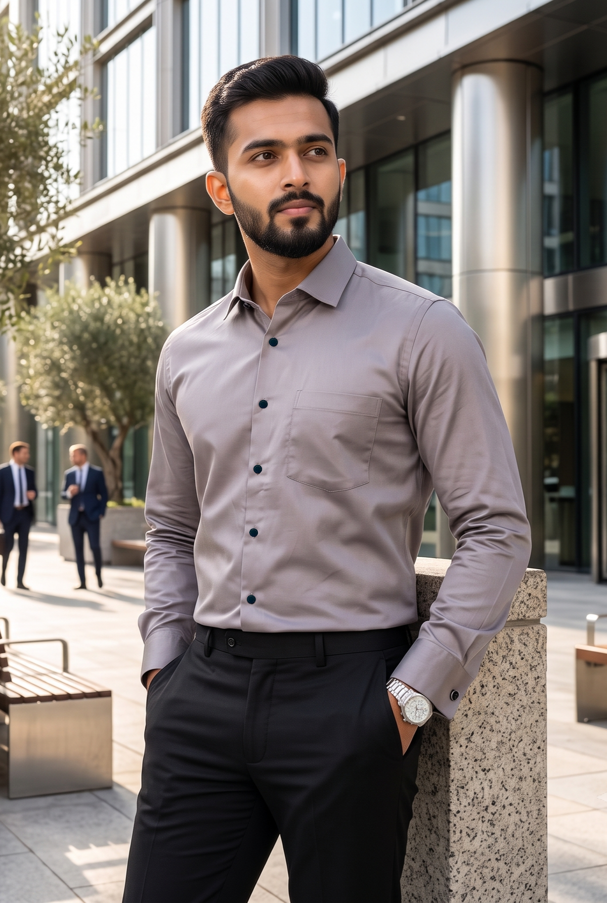 Light grey satin cotton lycra button-up shirt on model, chest pocket and dark buttons