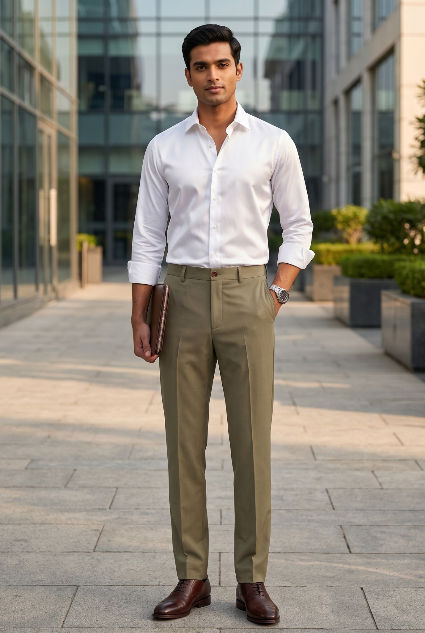 Men's slim-fit olive trousers with belt loops and tapered leg, front crease