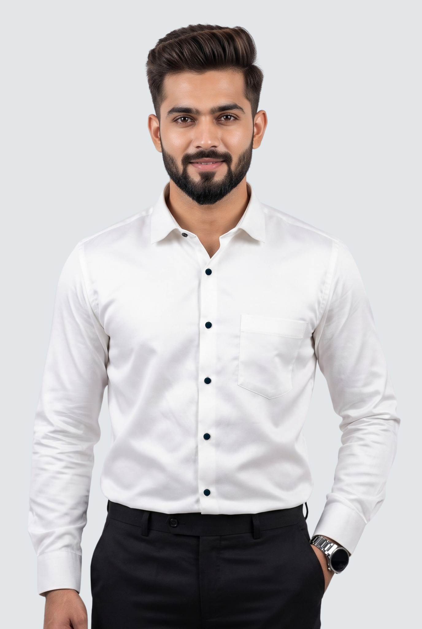 Men's White Premium Cotton Satin Lycra Shirt-(CR-1)