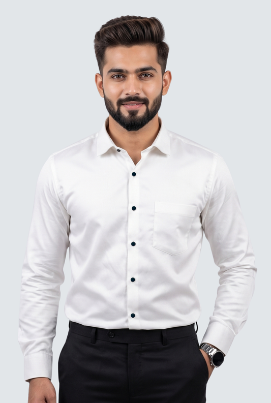 Men's white satin cotton shirt, long sleeves, button-front, chest pocket