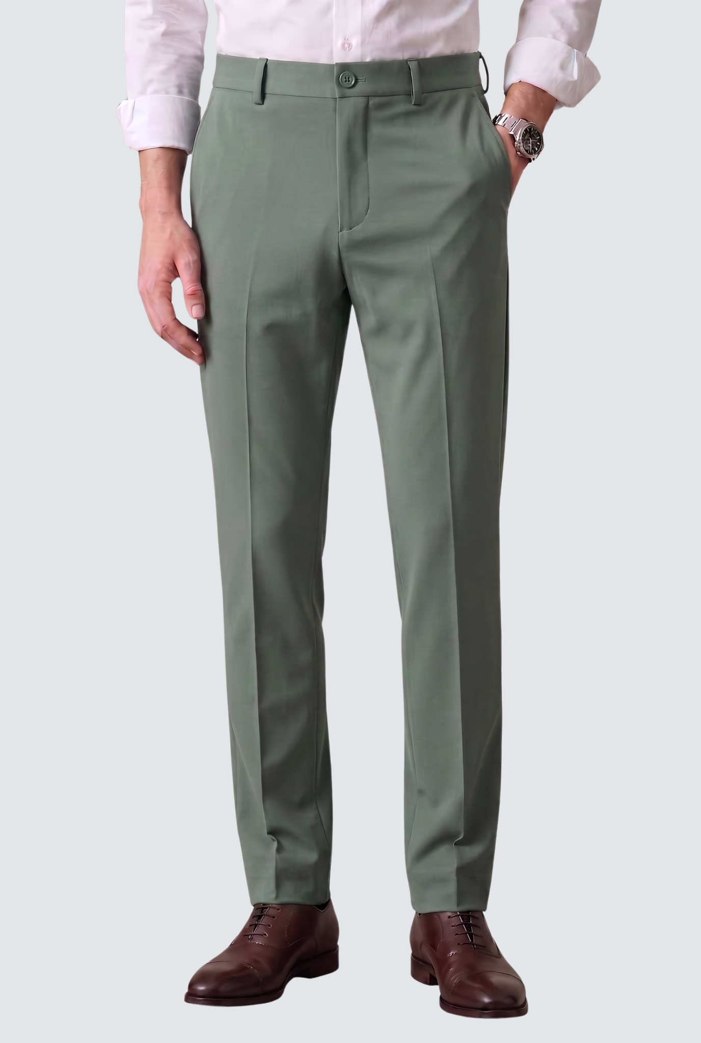 Men's olive green slim-fit regular trousers with belt loops, button fly, slant pockets