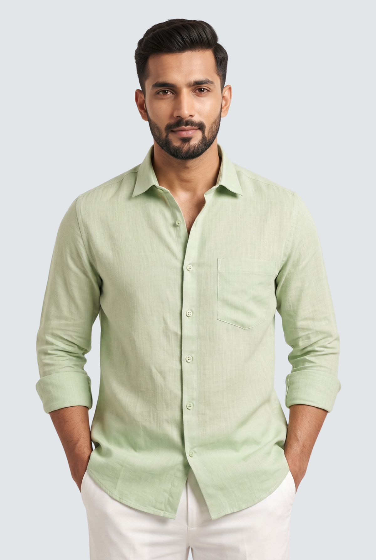 Light green linen button-up shirt with chest pocket and long sleeves