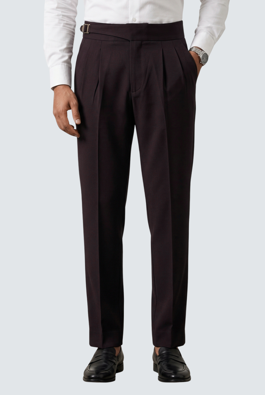 Men's casual purple trousers, pleated front, belt loops and straight legs