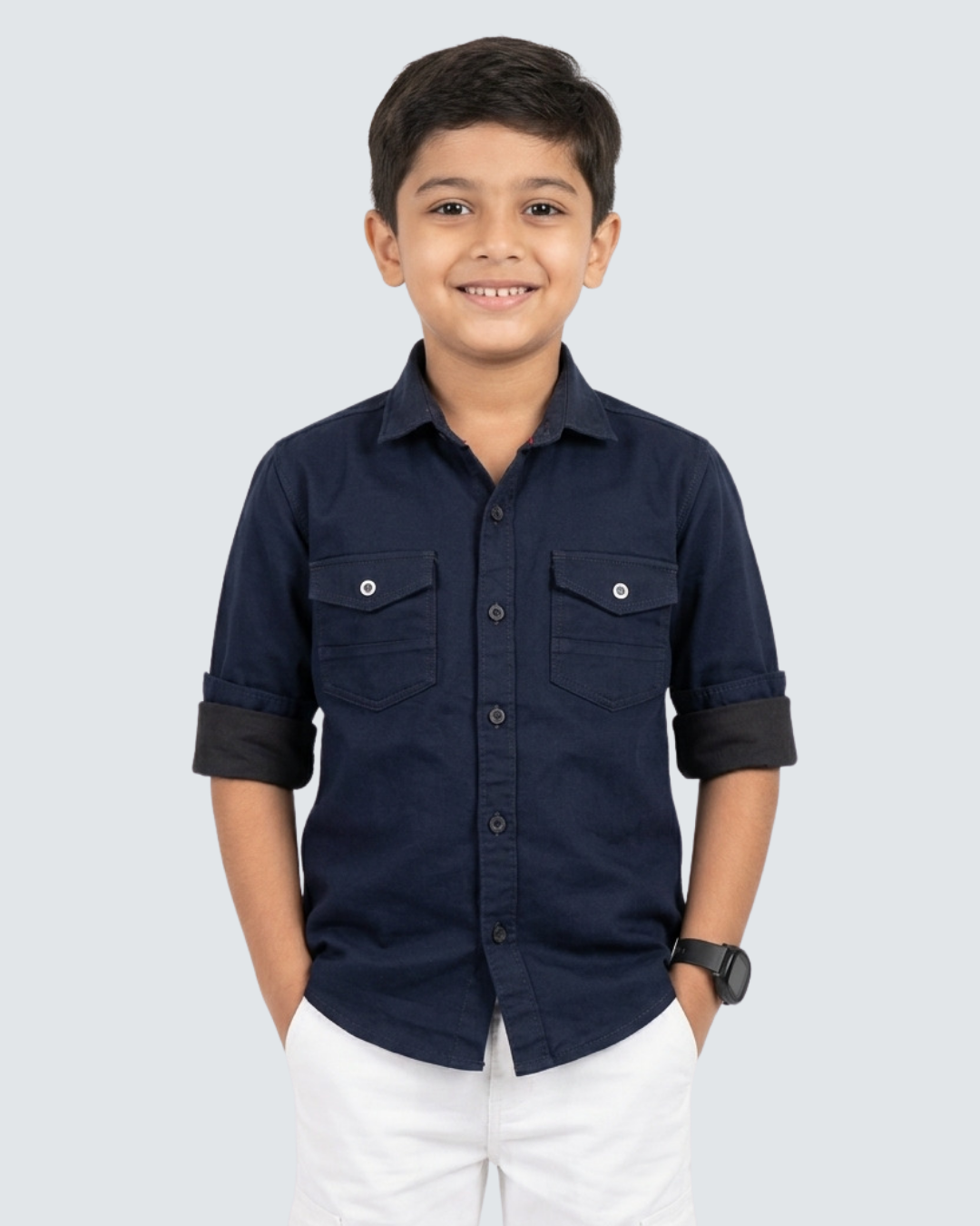Boys' navy cotton shirt with button-front and two chest pockets