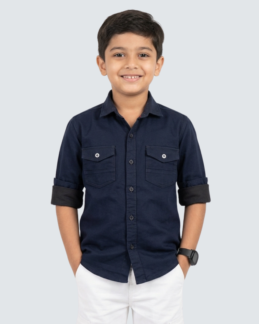 Boys' navy cotton shirt with button-front and two chest pockets
